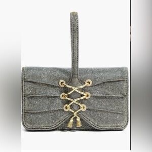 Alexis Bittar Silver Glitter Lace-Up Wristlet Clutch with Gold Hardware